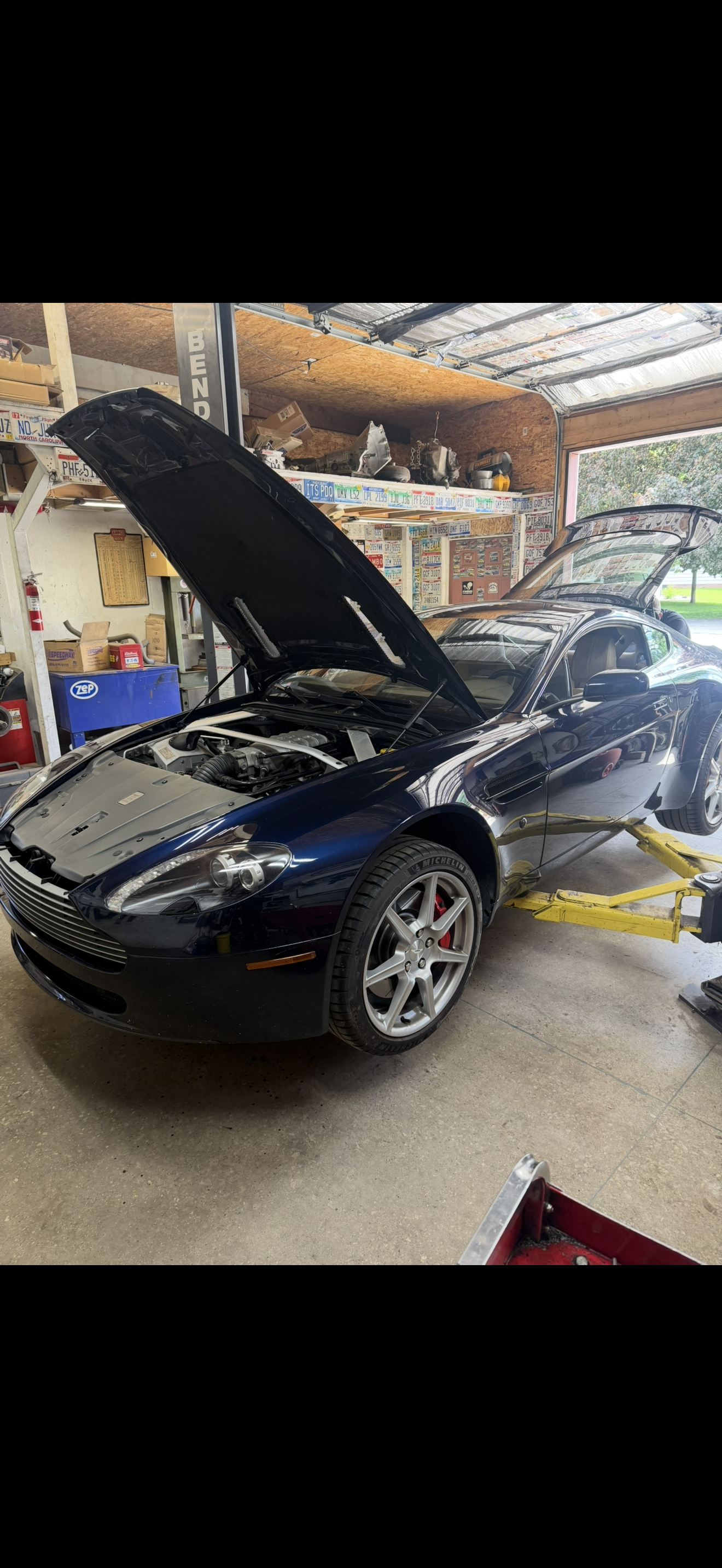 Skip's Aston Martin Vantage in the shop at Real Deal Automotive